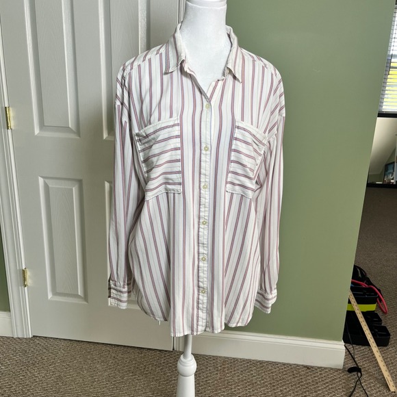 LOFT Women's Striped Button Down Shirt Long Sleeve Top Cotton Casual Red White - Picture 2 of 7
